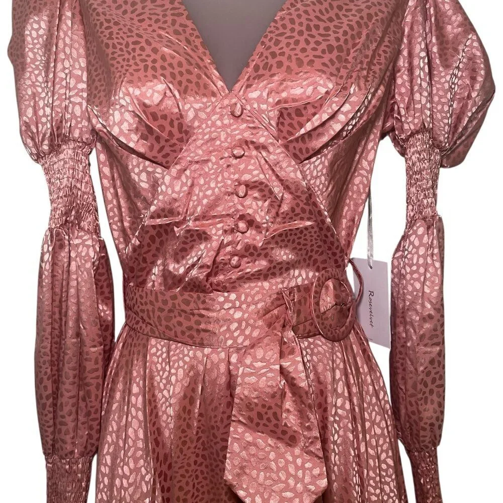 Rosevelvet Pink Satin High-Low Maxi Dress w/ Belt – Size Large – NWT